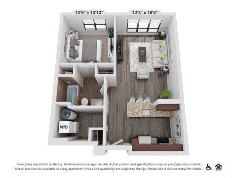 Floor plan for 1 bed, 1 bath, 654 sqft